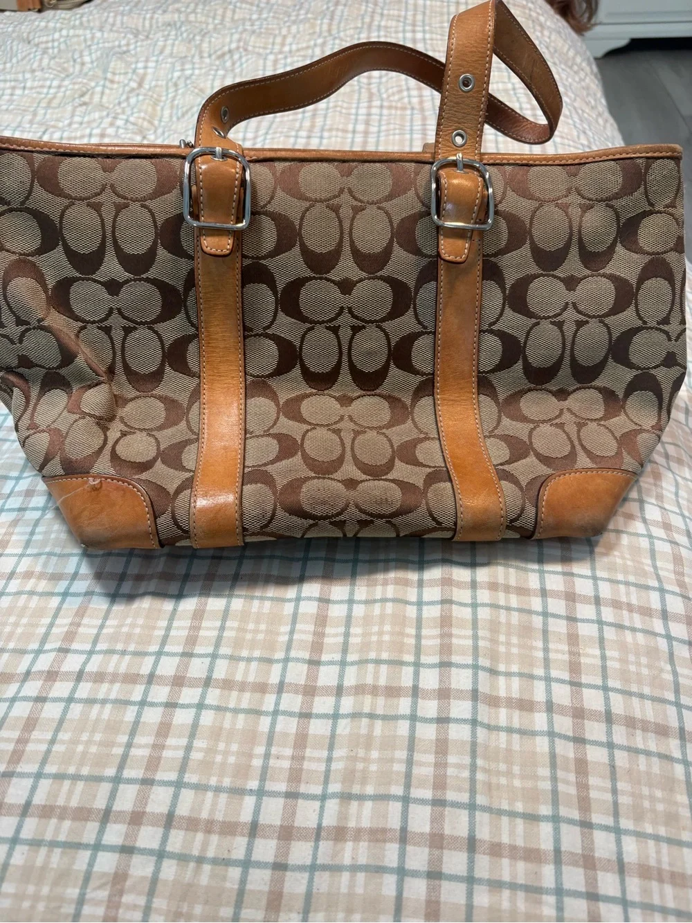 Coach 6042 Signature Canvas Tote Bag Brown Tan Monogram Leather Straps Purse